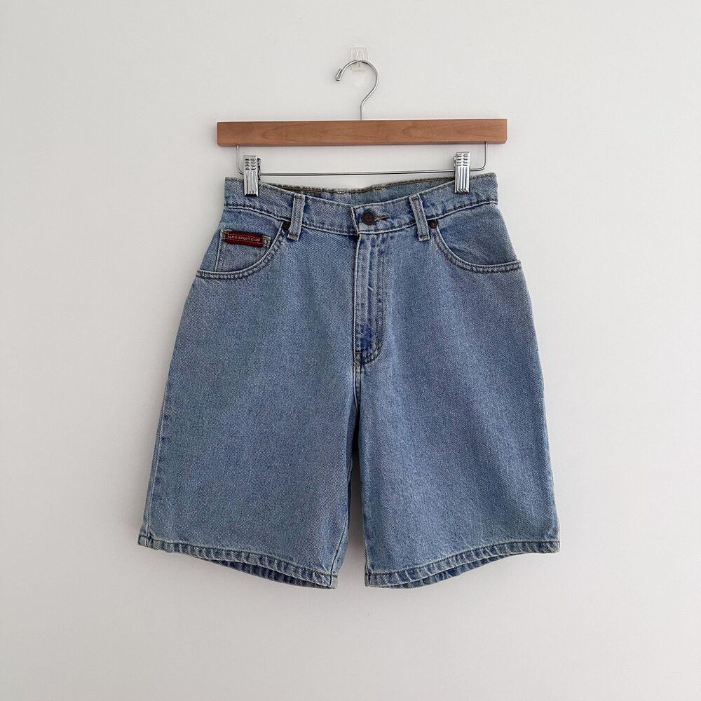 Vintage Paris Sport Club Denim Shorts High Rise Long Inseam 90s Shorts 13" Waist